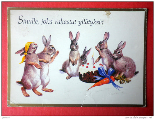 illustration - hare - carrot - cake - 5774/2 - Finland - sent from Finland Turku to Estonia USSR 1987 - JH Postcards