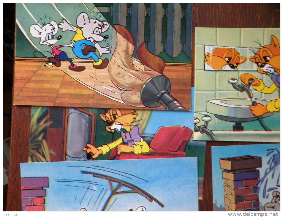 TV of cat Leopold - Set of 15 Cartoon cards - 1983 - Russia USSR - unused - JH Postcards