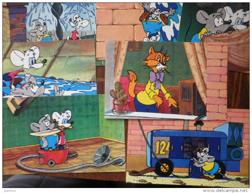 TV of cat Leopold - Set of 15 Cartoon cards - 1983 - Russia USSR - unused - JH Postcards