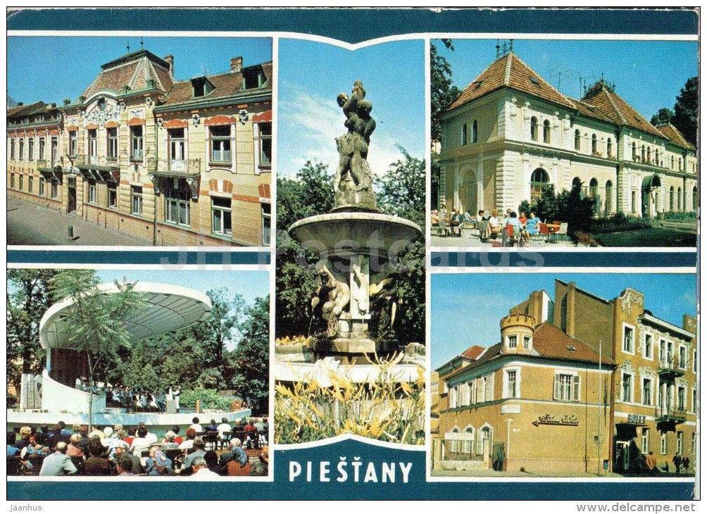 spa hous Zeleny strom - music pavilion - fountain in the park - museum Piestany - Czechoslovakia - Slovakia - used 1979 - JH Postcards