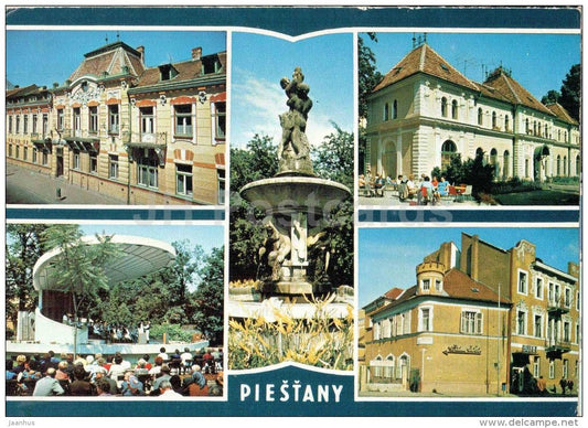spa hous Zeleny strom - music pavilion - fountain in the park - museum Piestany - Czechoslovakia - Slovakia - used 1979 - JH Postcards