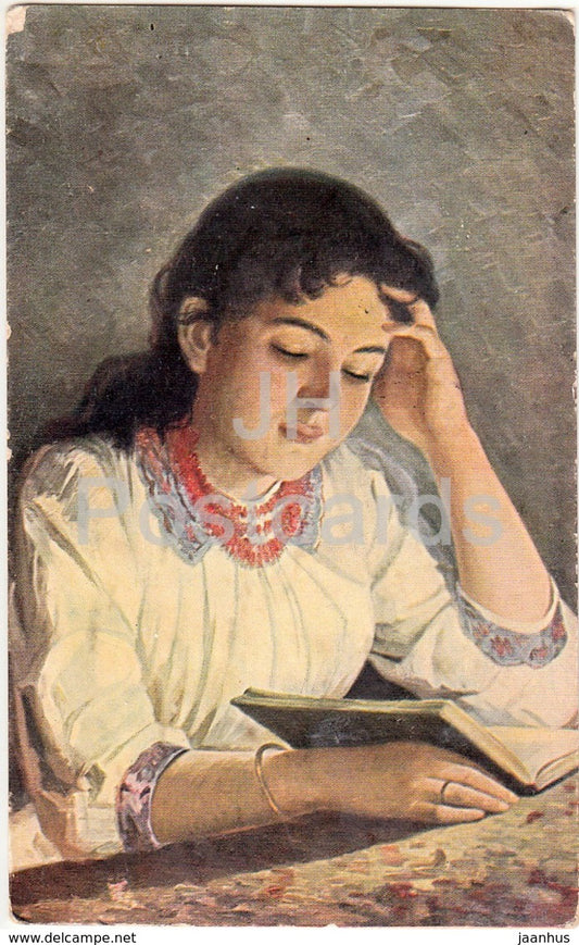 painting by Galkin - Reading Girl - 1913 - old postcard - Imperial Russia - used - JH Postcards