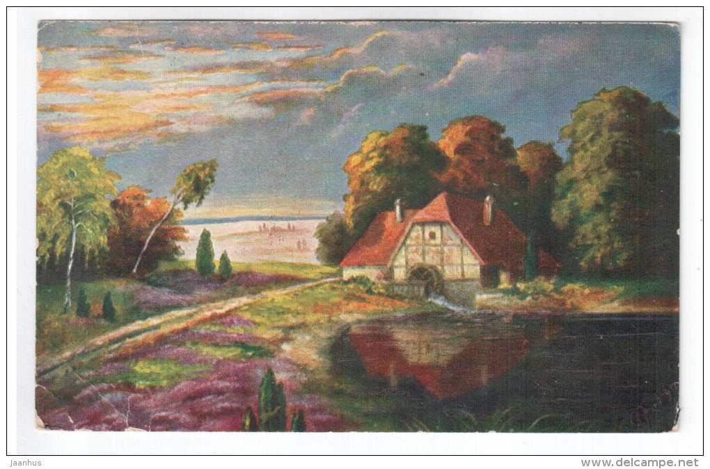illustration by Fiebiger - watermill - WSSB 6924 - old postcard - unused - JH Postcards