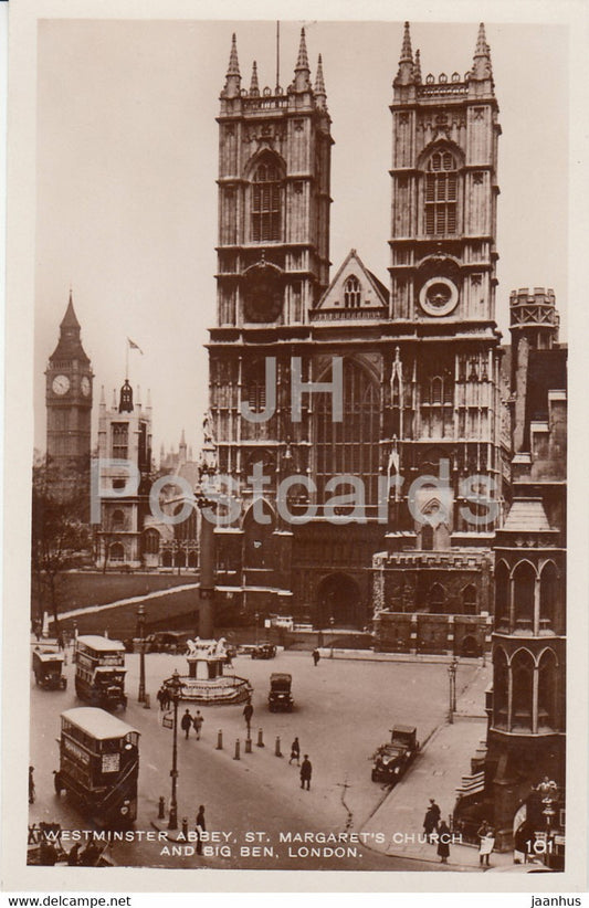 London - Westminster Abbey - St Margaret's Church and Big Ben - bus - old postcard - England - United Kingdom - unused - JH Postcards