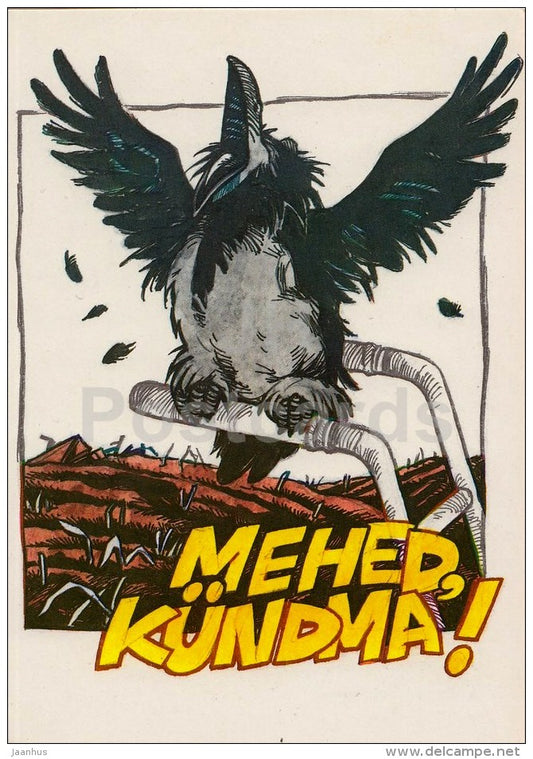 illustration by R. Jarvi - Crow - Plow - 1988 - Estonia USSR - unused - JH Postcards