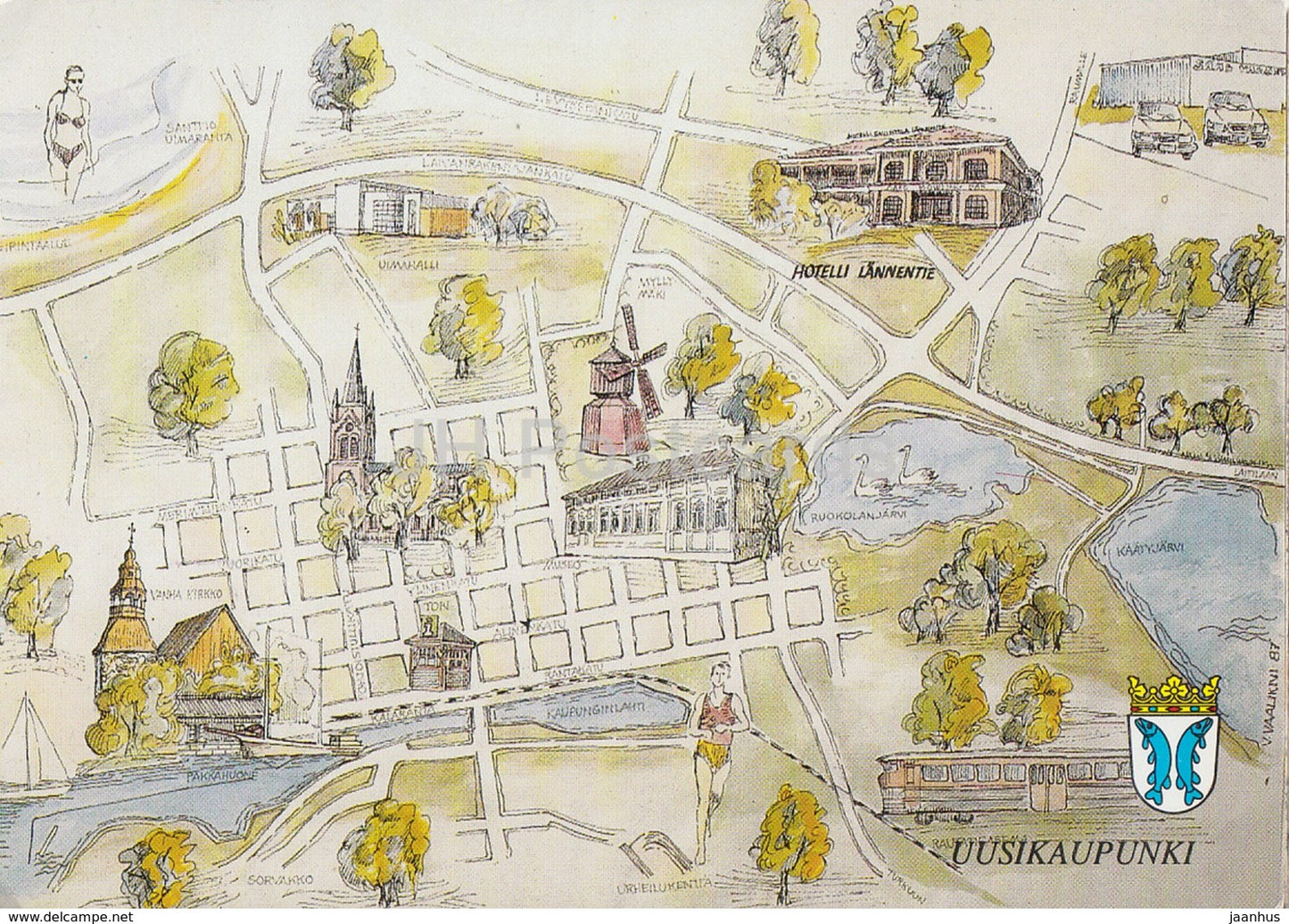 illustrated Uusikaupunki map by P. Vaalikivi - 1987 - city map - Finland - unused - JH Postcards