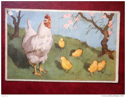 Easter Greeting Card - rooster - chiken - RTK 580 - circulated in 1944 - Estonia - used - JH Postcards