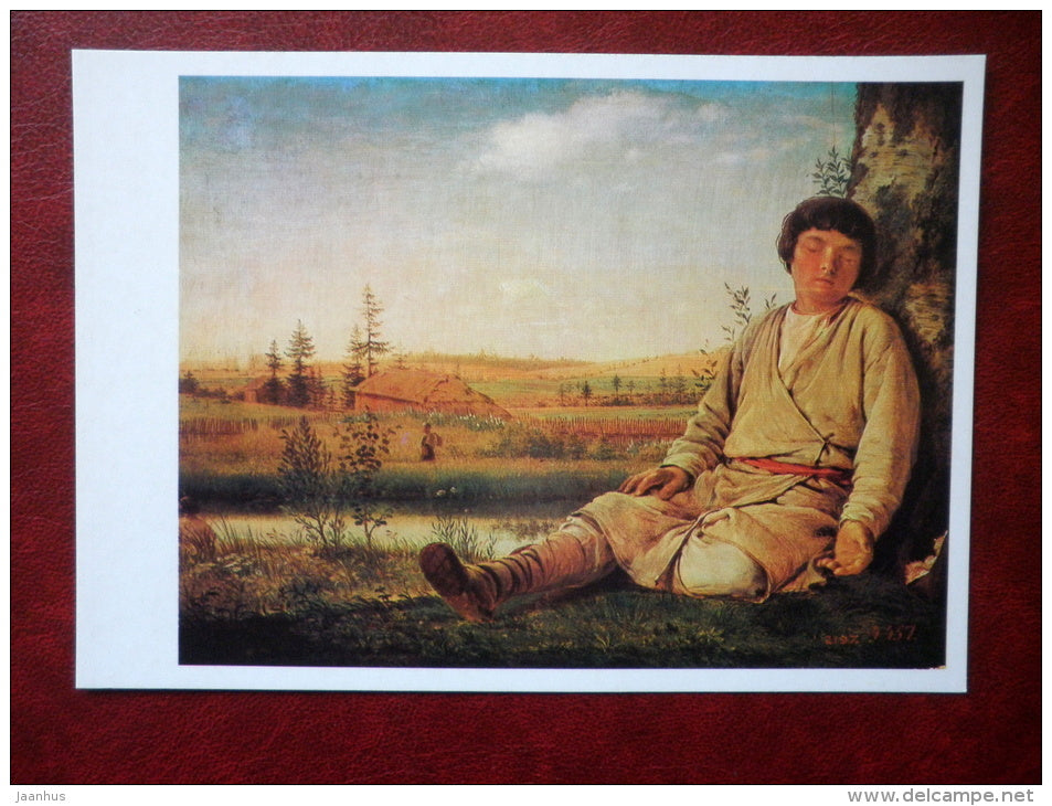 painting by Alexey Venetsianov , Sleeping Shepherd - russian art - unused - JH Postcards