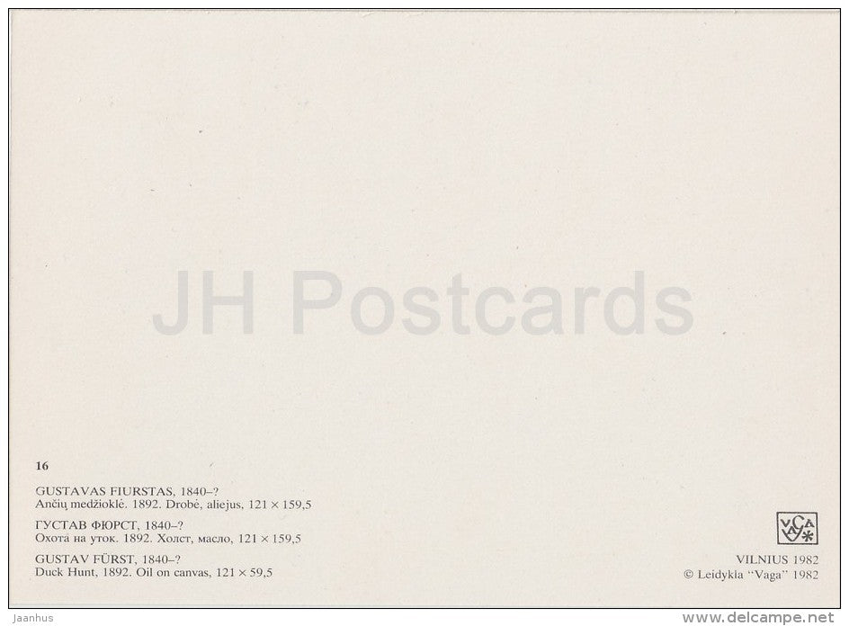 painting by Gustav Gerson Furst - Duck Hunt , 1892 - German art - Lithuania USSR - 1982 - unused - JH Postcards