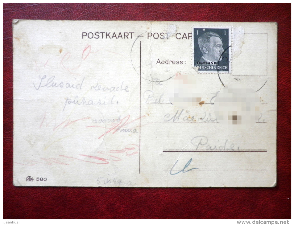 Easter Greeting Card - rooster - chiken - RTK 580 - circulated in 1944 - Estonia - used - JH Postcards