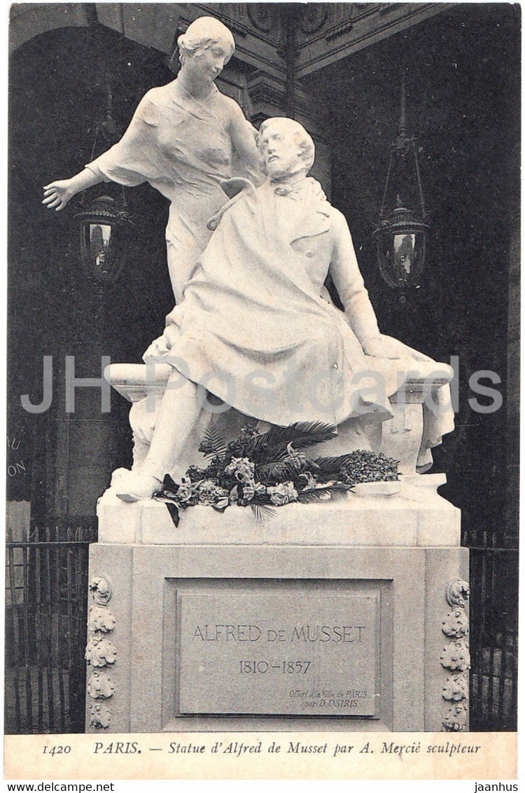 Paris - Statue d'Alfred de Musset par A. Mercie sculpteur - 1420 - old postcard - France - unused - JH Postcards