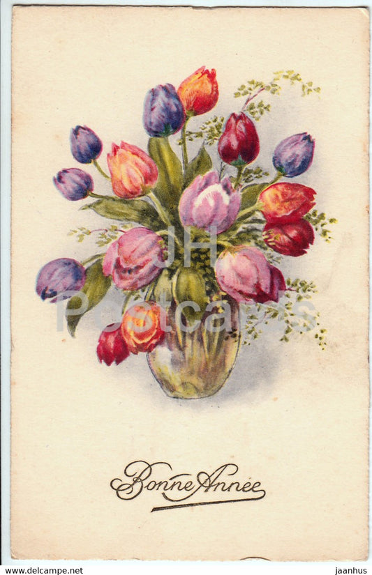 Birthday Greeting Card - Bonne Annee - flowers - tulips - EMKA Paris - illustration - old postcard 1939 - France - used - JH Postcards