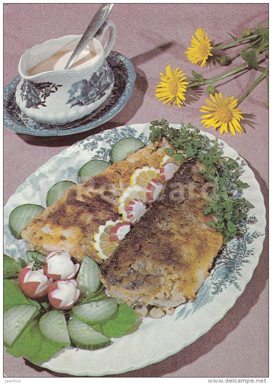 fried fish with parsley - Fish Dishes - food - recepies - 1986 - Estonia USSR - unused - JH Postcards