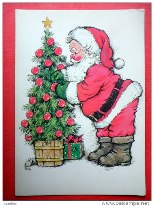 Christmas Greeting Card - Santa Claus - christmas tree - gifts - mouse - Finland - circulated in Finland 1976 - JH Postcards
