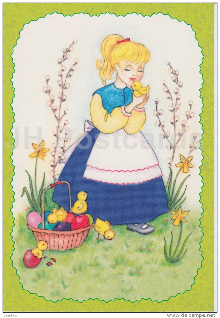 Easter Greeting Card - girl - eggs - chicken - Estonia - used in 2000s - JH Postcards