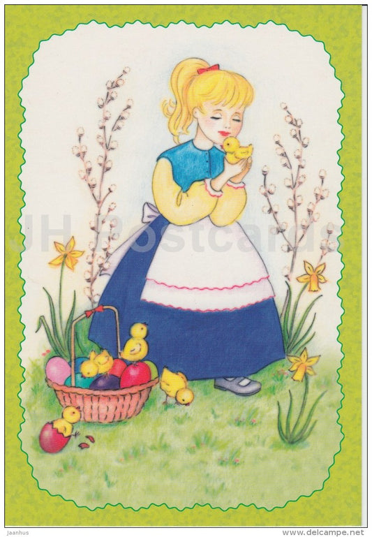 Easter Greeting Card - girl - eggs - chicken - Estonia - used in 2000s - JH Postcards