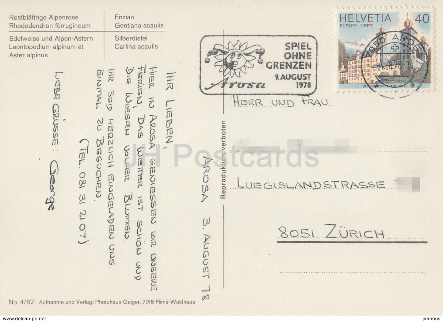 Rostblattrige Alpenrose - Enzian - Edelweiss - Silberdistel - flowers - multiview - 1978 - Switzerland - unused