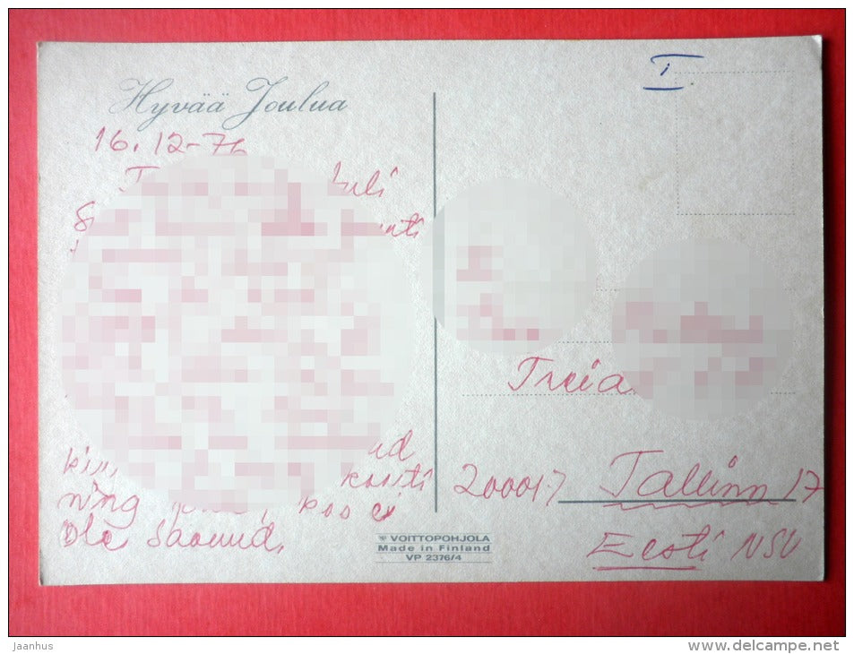 Christmas Greeting Card - Santa Claus - christmas tree - gifts - mouse - Finland - circulated in Finland 1976 - JH Postcards