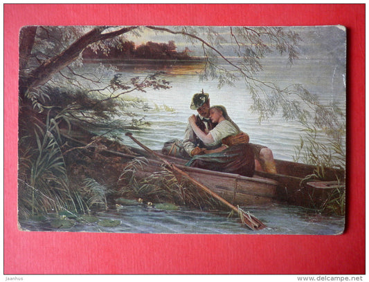 illustration by Karl Raupp . Heimlicher Abschied - man and woman - boat - 166 - german art - circualted in Estonia 1922 - JH Postcards