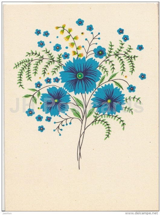 Birthday Greeting Card by M. Vint - cornflowers - flowers - illustration - 1971 - Estonia USSR - unused - JH Postcards