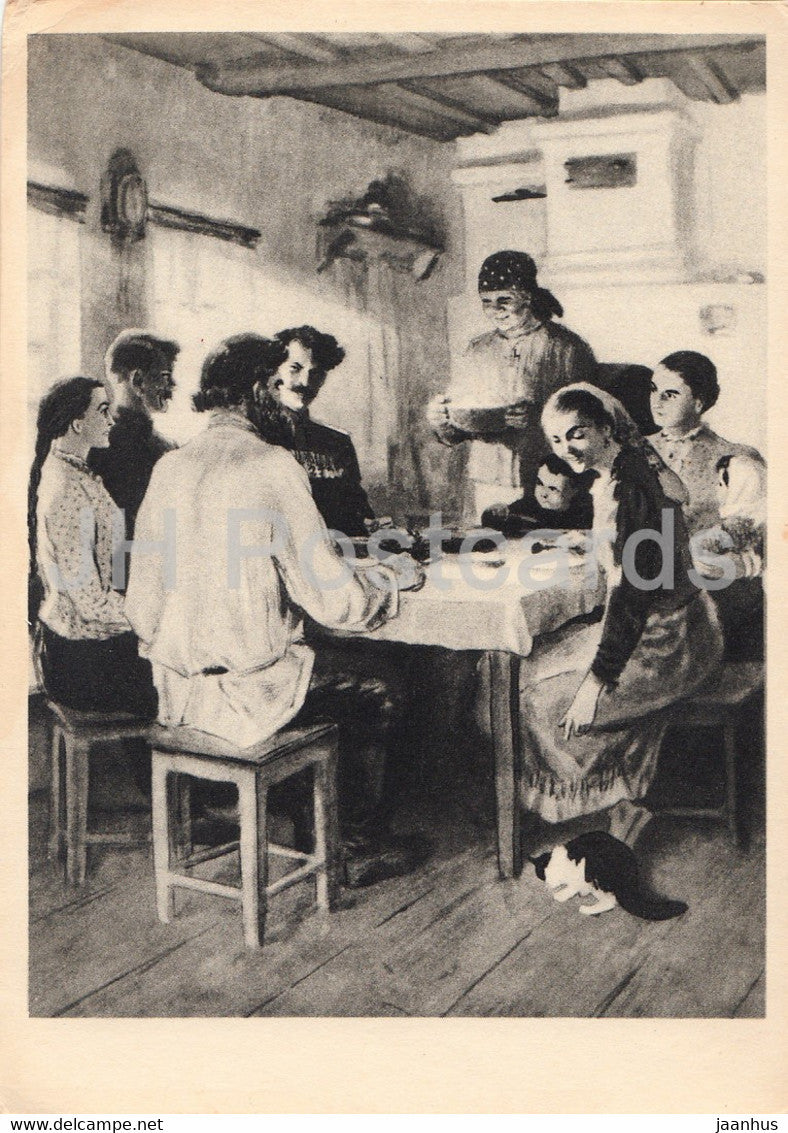 illustration by O. Vereysky - family Melekhovo - cat - dinner - 1  And Quiet Flows the Don - 1959 - Russia USSR - unused - JH Postcards