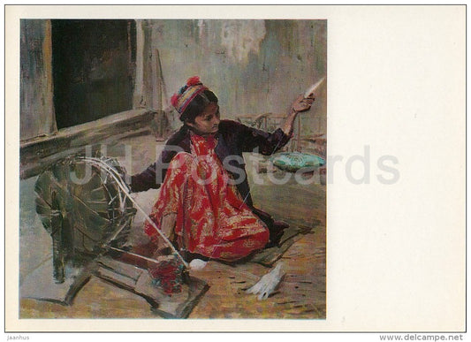 painting by Pavel Benkov - A Girl from Khiva , 1931 - spinning wheel - Uzbekistan Art - 1974 - Russia USSR - unused - JH Postcards