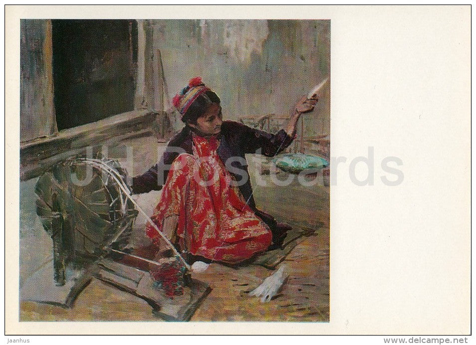 painting by Pavel Benkov - A Girl from Khiva , 1931 - spinning wheel - Uzbekistan Art - 1974 - Russia USSR - unused - JH Postcards