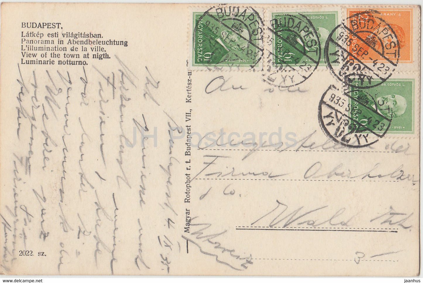 Budapest - Latkep esti vilagitasban - Vue de la ville la nuit - carte postale ancienne - 1935 - Hongrie - utilisé