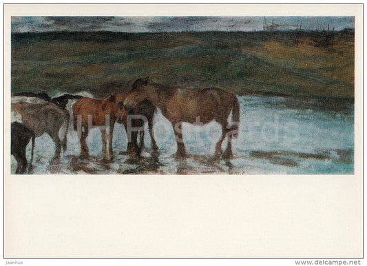 painting by L. Turzhansky - Horses at the watering hole , 1909 - horses - Russian art - Russia USSR - 1976 - unused - JH Postcards