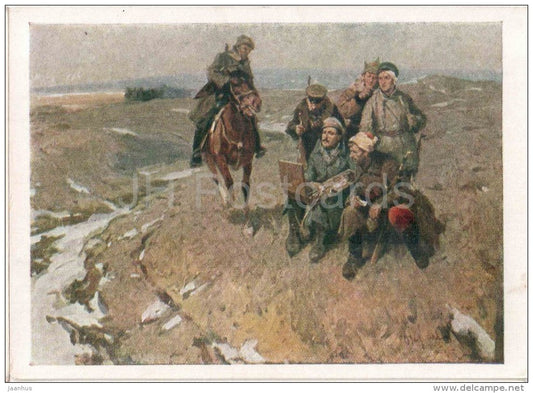 painting by M. Chernyshev - Artist M. Grekov in the First Cavalry Army - soldiers - horse - russian art - unused - JH Postcards