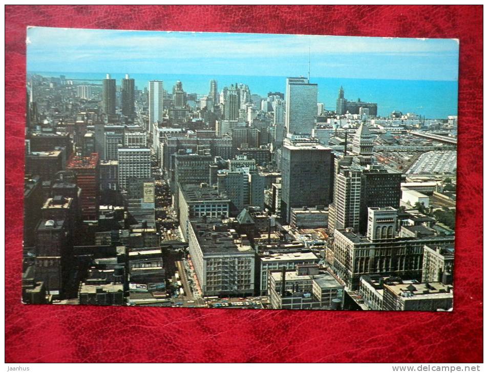 Air view of Chicago Skyline - Lake Michigan - Chicago - Illinois - 1964 - USA - unused (numbers written backside) - JH Postcards