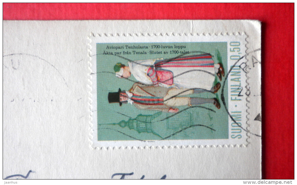 illustration - boy and girl eating watermelon - 2544/6 - Finland - sent from Finland Rauma to Estonia USSR 1974 - JH Postcards