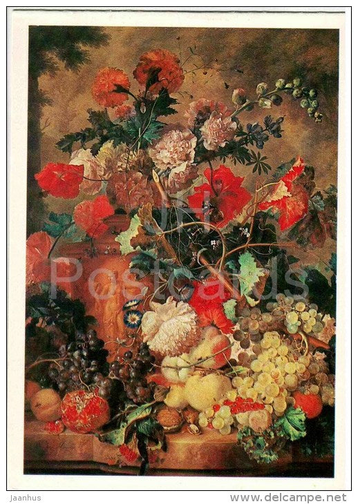 painting by Jan van Huysum - Still Life . Flowers - grape - peach - poppy - dutch art - unused - JH Postcards