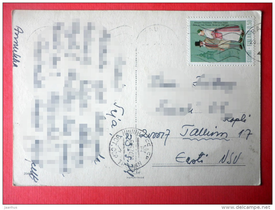 illustration - boy and girl eating watermelon - 2544/6 - Finland - sent from Finland Rauma to Estonia USSR 1974 - JH Postcards