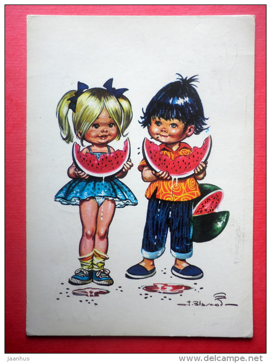 illustration - boy and girl eating watermelon - 2544/6 - Finland - sent from Finland Rauma to Estonia USSR 1974 - JH Postcards