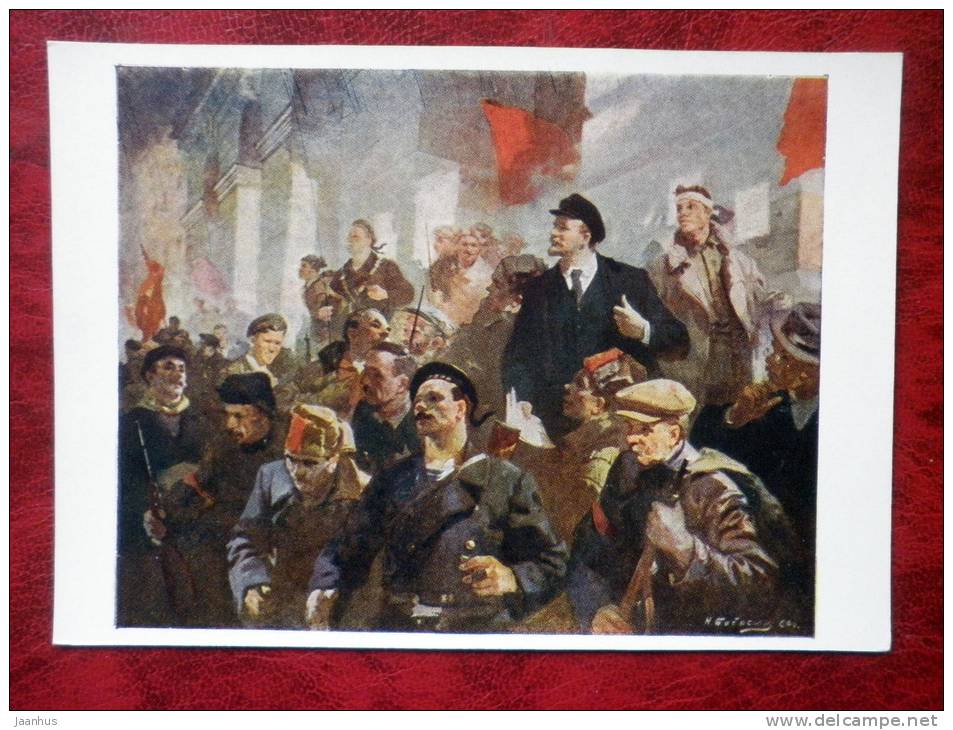 Painting by N. L. Babasyuk - the first day of the Soviet regime, 1960 - Lenin - russian art - unused - JH Postcards