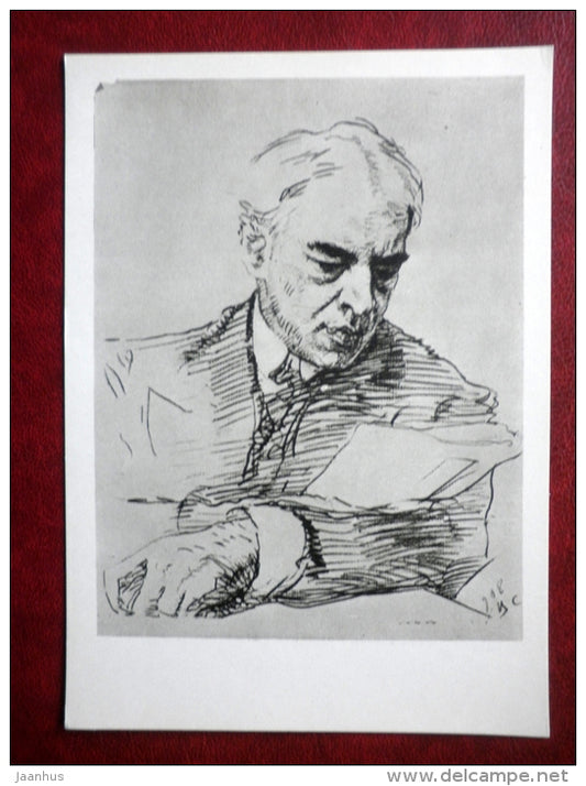 drawing by V. Serov - portrait of actor K. Stanislavsky , 1908 - russian art - unused - JH Postcards