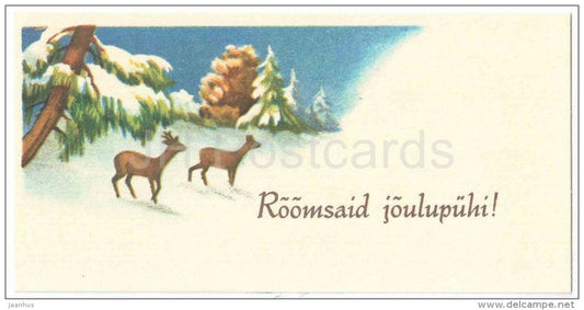 Christmas Mini Greeting Card - deer - snow - flowers - 1990 - Estonia USSR - unused - JH Postcards