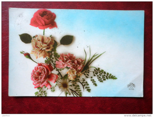 Birthday Greeting Card - rose - carnation - flowers - circulated in Estonia 1927 , Nãµmme - France - used - JH Postcards