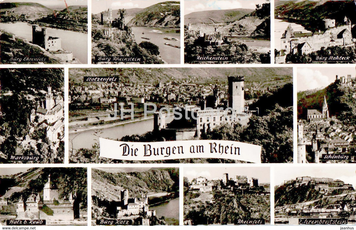Die Burgen am Rhein - Stolzenfels - Burg Ehrenfels - Burg Rheinstein - Reichenstein - 1964 - Germany - used - JH Postcards