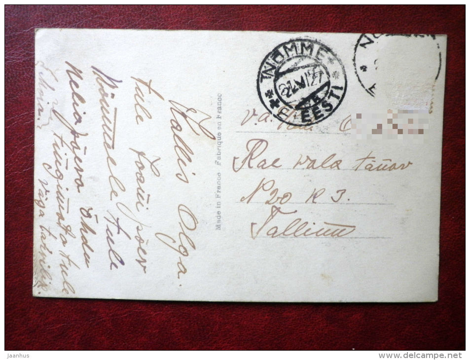 Birthday Greeting Card - rose - carnation - flowers - circulated in Estonia 1927 , Nãµmme - France - used - JH Postcards