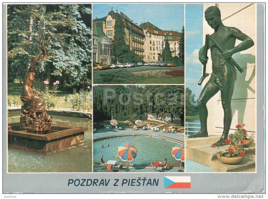 Piestany - fountain in the park - Thermia Palace - swimming pool - Barlolamac - Czechoslovakia - Slovakia - used - JH Postcards