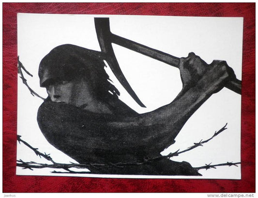 Painting by B. I. Prorokov - behind barbed wire - russian art - unused - JH Postcards