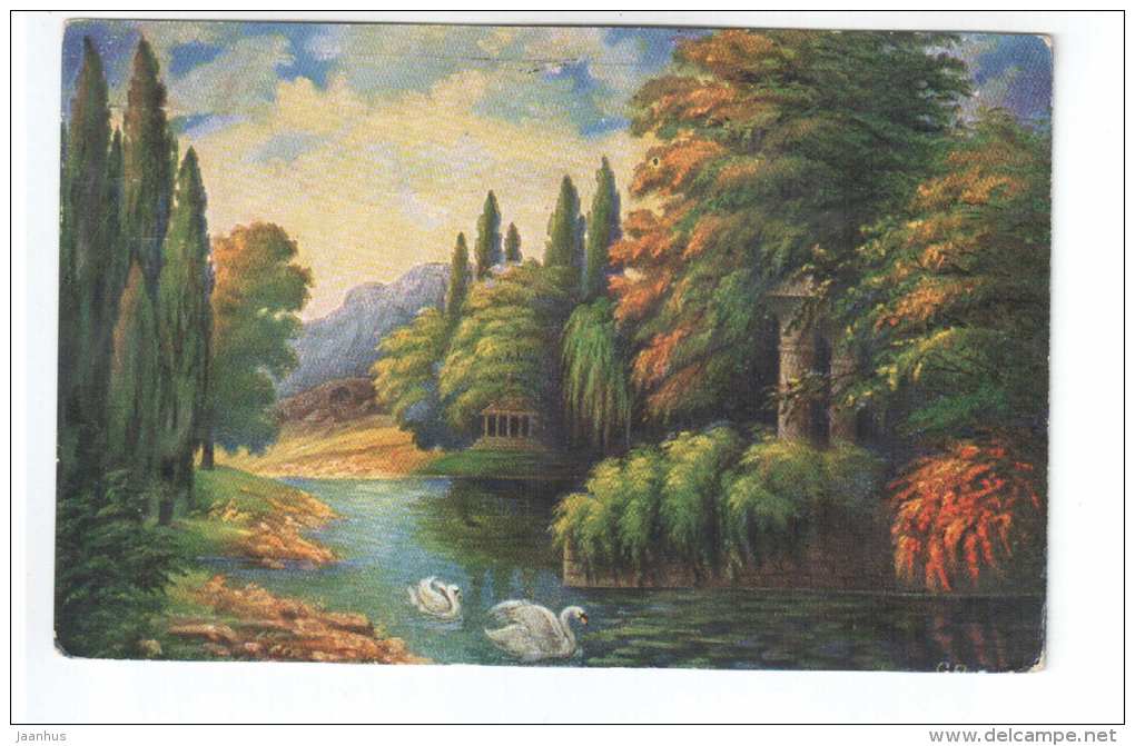 illustration - nature - swan - trees - pavilion - Amag 1073 - old postcard - circulated in Latvia 1923 Riga - used - JH Postcards