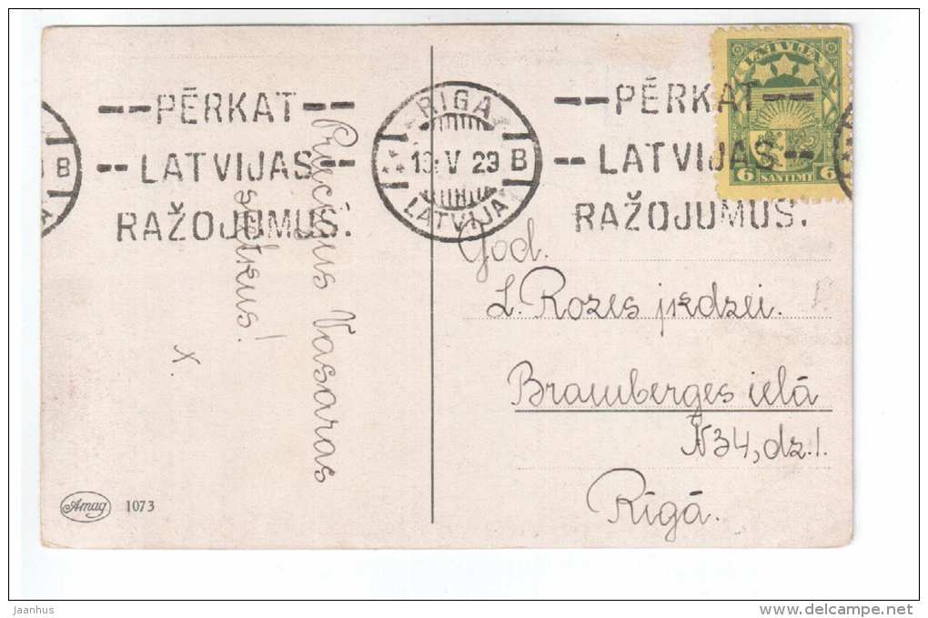illustration - nature - swan - trees - pavilion - Amag 1073 - old postcard - circulated in Latvia 1923 Riga - used - JH Postcards