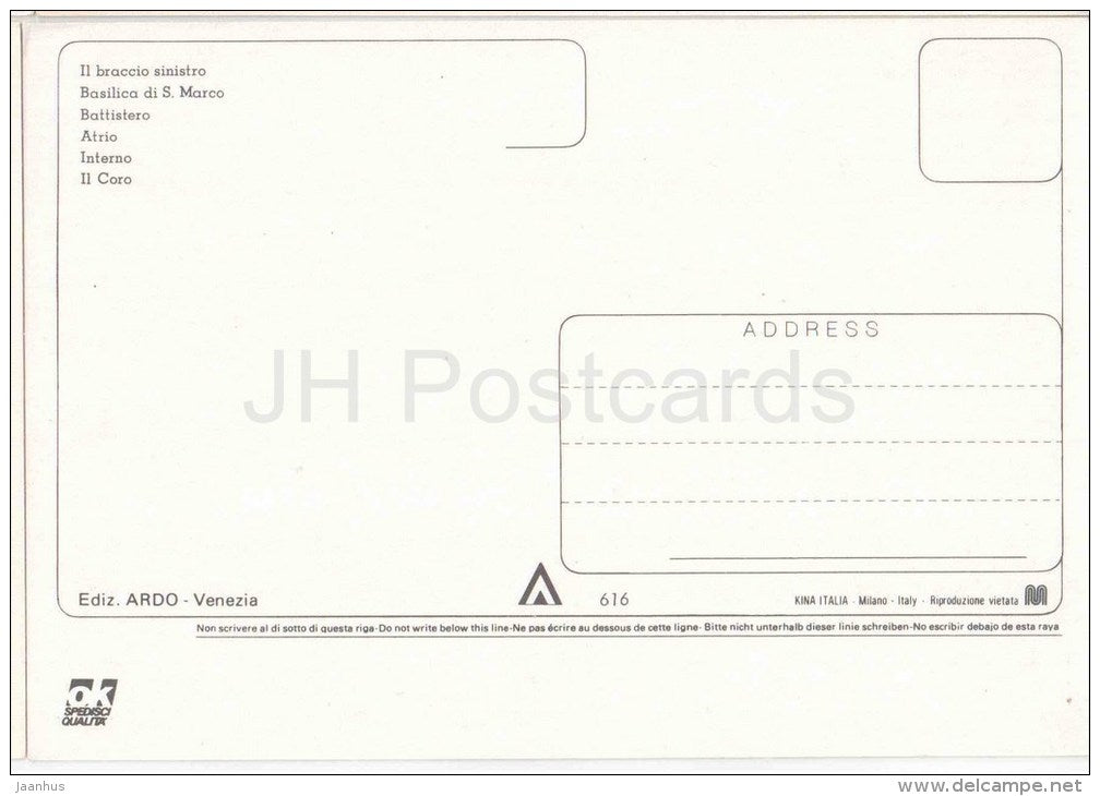 Il Braccio Sinistro , Battistero , Atrio - Basilica di S. Marco - Venezia - Veneto - 616 - Italia - Italy - unused - JH Postcards