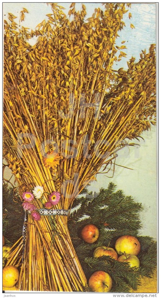 New Year mini Greeting card - 2 - oats - apples - flowers - 1987 - Estonia USSR - used - JH Postcards