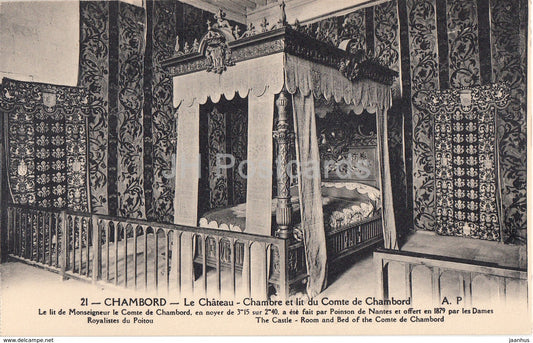 Chambord - Le Chateau - Chambre et lit du Comte de Chambord - castle - 21 - old postcard - France - unused