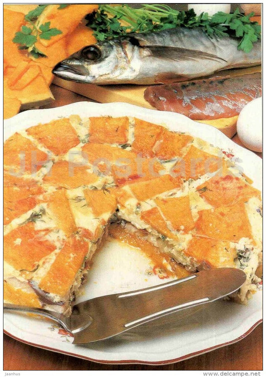 fish baked in a pumpkin cover - Dishes from Pumpkin - recepies - 1991 - Russia USSR - unused - JH Postcards