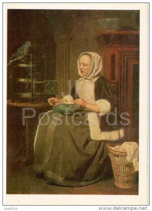 painting by Gabriel Metsu - Girl at Work - bird - birdcage - dutch art - unused - JH Postcards